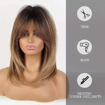 Synthetic Wig Hat with Layered Bangs – Rose Net Cap Matte Finish Heat Resistant Fiber Wig for Women, Natural Looking Dark Brown Long Hair, Comfortable Everyday Style, 18 Inch