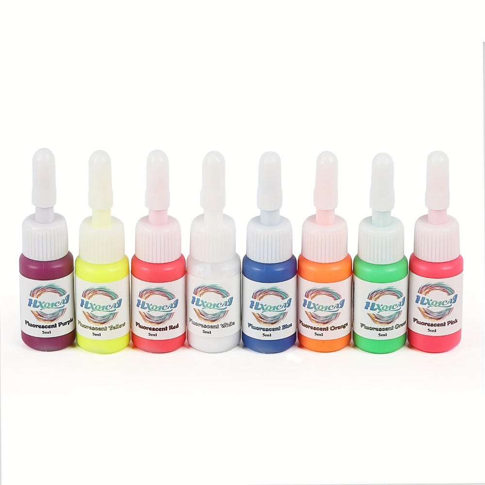 UV Fluorescent Tattoo Ink Kit 8 Colors Glow Under Blacklight - Safe Non-Toxic 5ml Bottles Professional Body Art Ink Set Vibrant Neon Colors