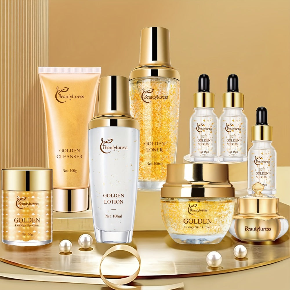 Collagen Skincare Set 9pcs Korean Facial Serum Moisturizer Cream Hyaluronic Acid Firming Hydrating Luxury Gift Box for All Skin Types