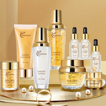 Collagen Skincare Set 9pcs Korean Facial Serum Moisturizer Cream Hyaluronic Acid Firming Hydrating Luxury Gift Box for All Skin Types