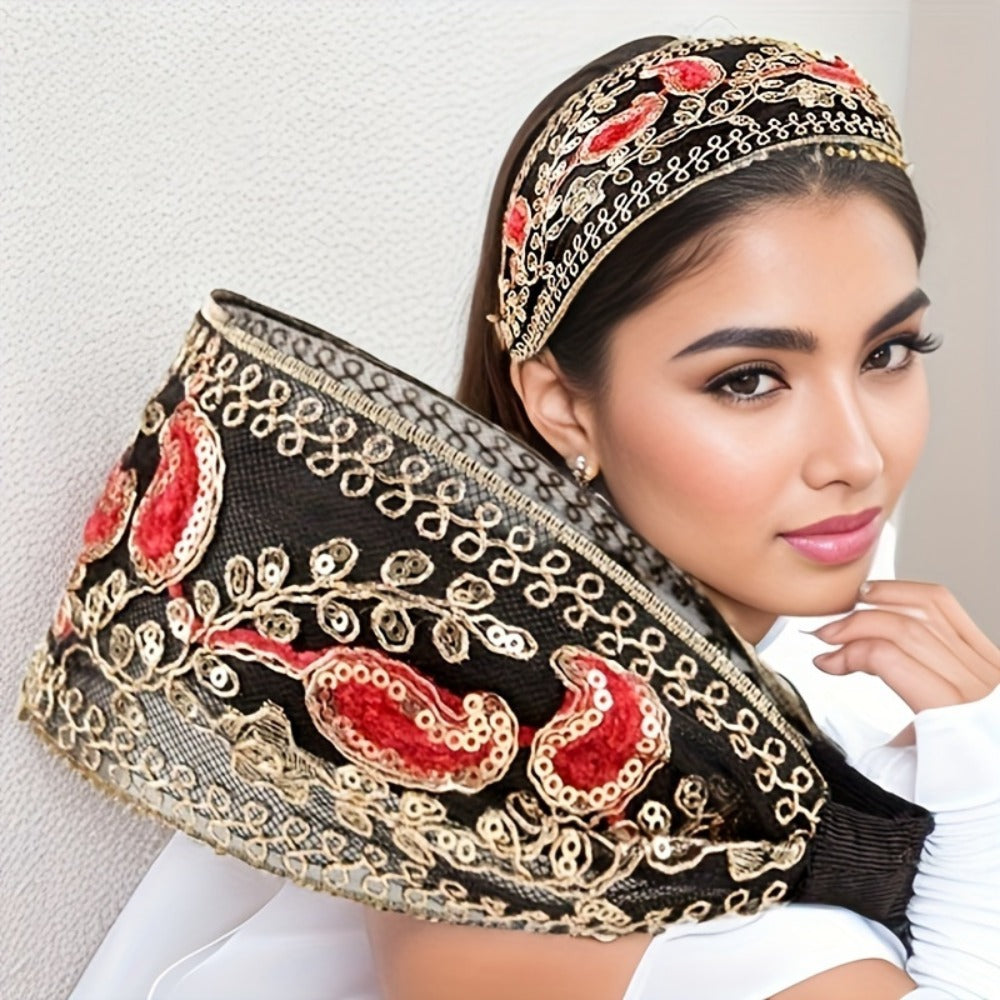 2pcs Elegant Lace Embroidered Sequin Flower Headbands - Wide, Non-Slip Hair Hoops for Women | Perfect for Spring & Summer | Chic Retro Style | Ideal Gift
