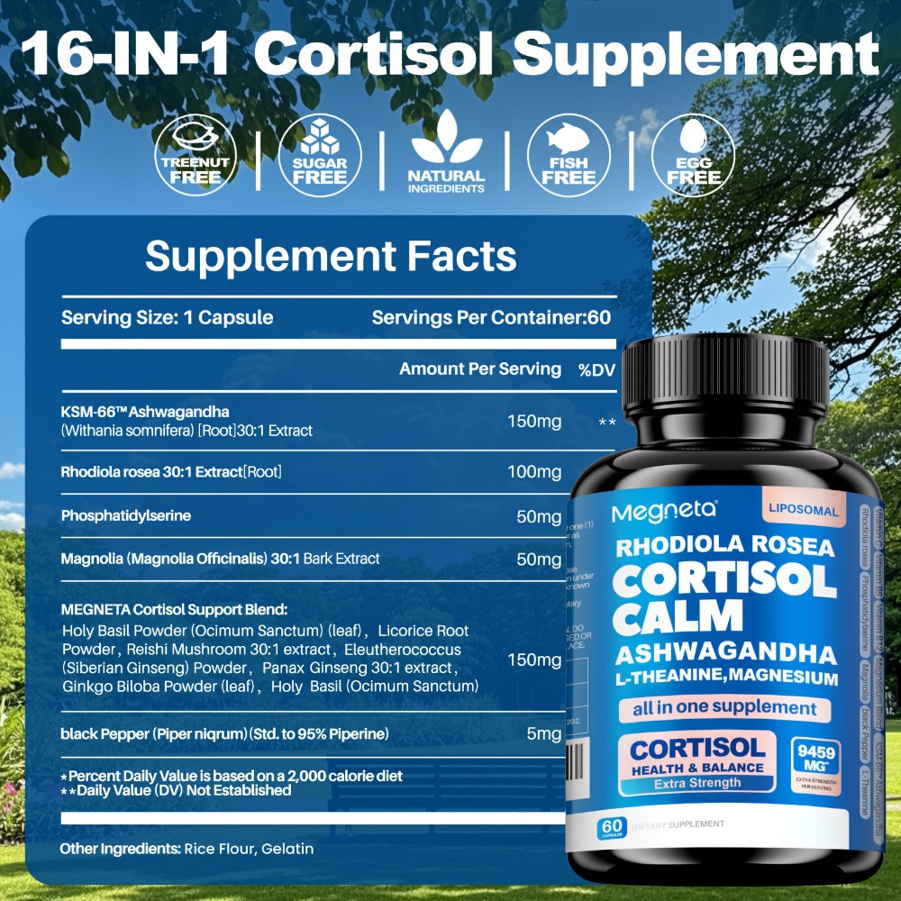 Stress Manager-Balanced Cortisol, Restful Sleep & Mood Enhancement, Relax|with Rhodiola Rosea, Ashwagandha, L-Theanine & Magnesium 120 Capsules, 4 Months Supply