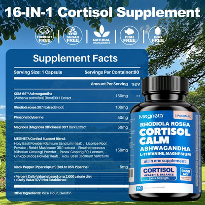 Stress Relief Supplement Capsules with Ashwagandha Rhodiola Rosea L-Theanine & Magnesium | Cortisol Balance Restful Sleep & Mood Support | 120 Capsules 4-Month Supply for Men & Women