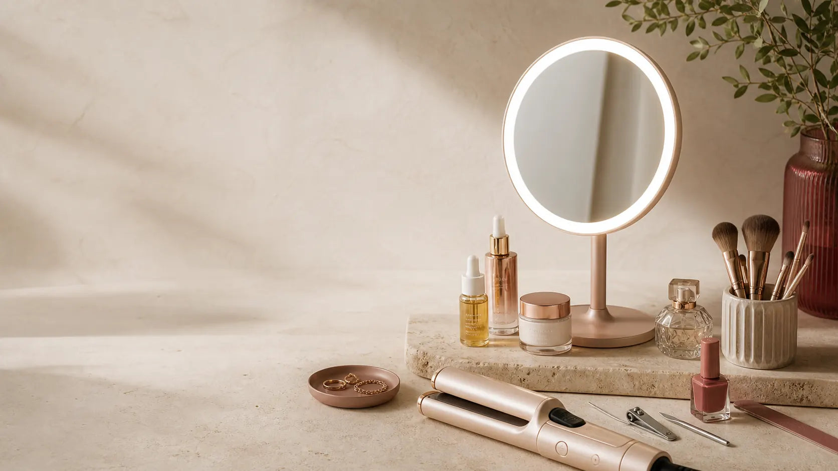 Beauty mirror, skincare, makeup and styling essentials on a warm ivory vanity